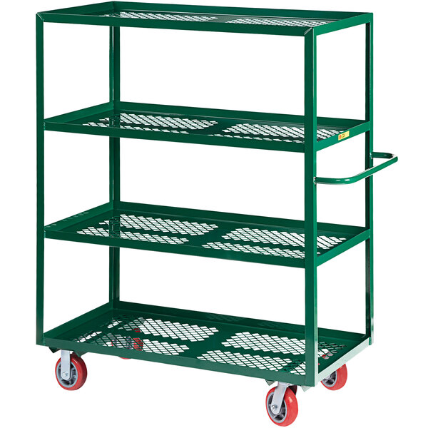 A green metal Little Giant garden cart with perforated shelves and green wheels.
