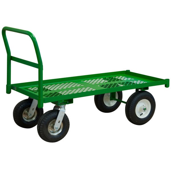 A green Durham Mfg platform truck with perforated steel deck and black wheels.