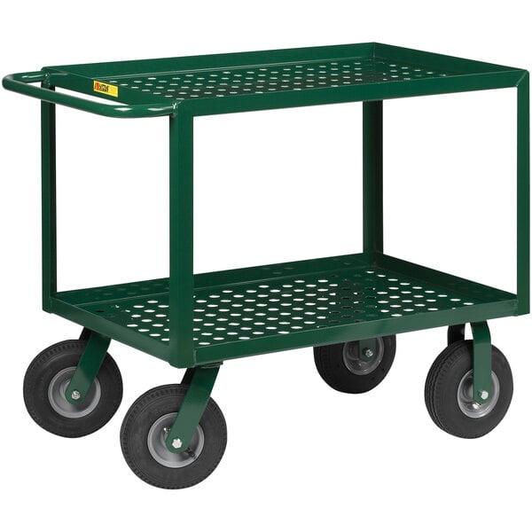 A Little Giant green steel service cart with perforated shelves and black wheels.