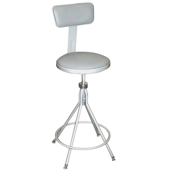 A gray National Public Seating round lab stool with a metal base and adjustable padded backrest.