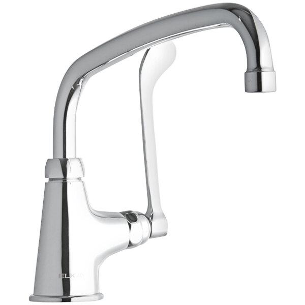 An Elkay deck-mounted faucet with a silver finish and a wristblade handle.