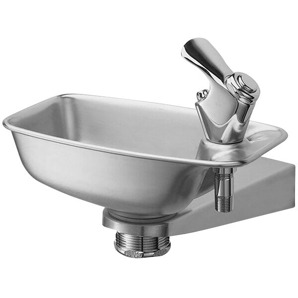 A stainless steel Elkay drinking fountain with a spout.