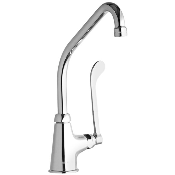 An Elkay deck-mounted faucet with a high arc swing spout, wristblade handle, and chrome finish.