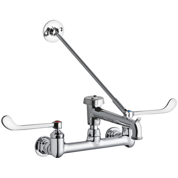 An Elkay chrome wall-mounted mop sink faucet with 6" wristblade handles and a 7" bucket hook swing spout.