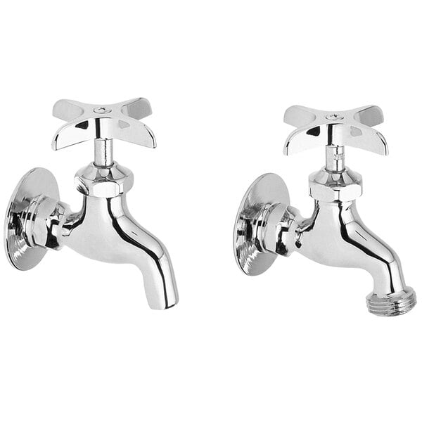 Two Elkay chrome wall mount faucets with cross handles.