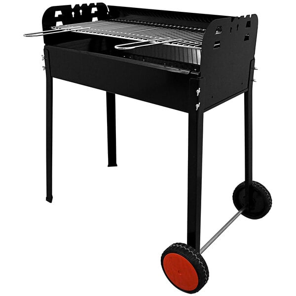 An Omcan black steel charcoal barbecue grill with double brazier and wheels.