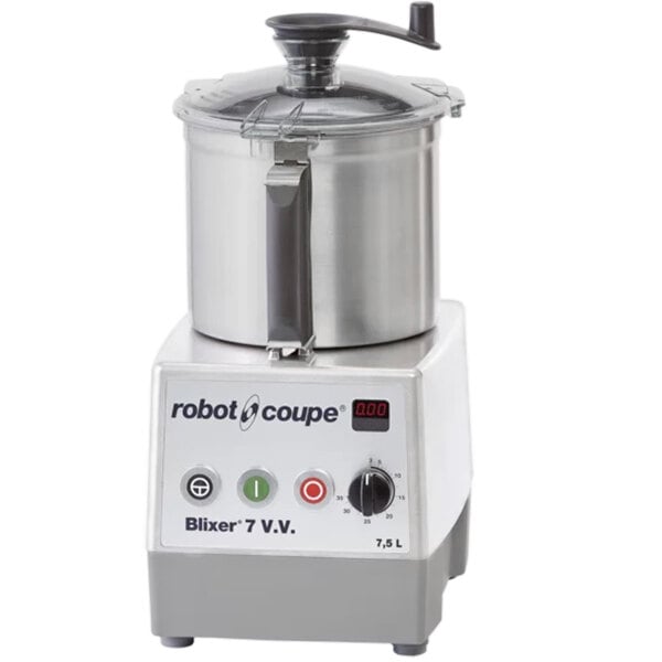 A silver and black Robot Coupe batch bowl food processor with a lid on it.