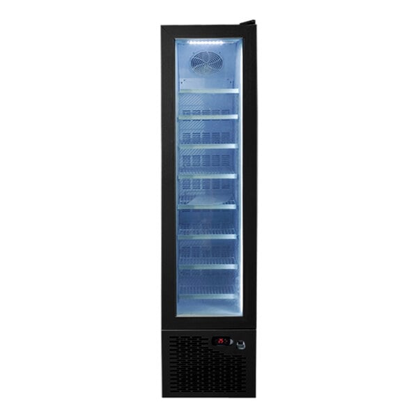 An Omcan black rectangular merchandiser freezer with glass doors.