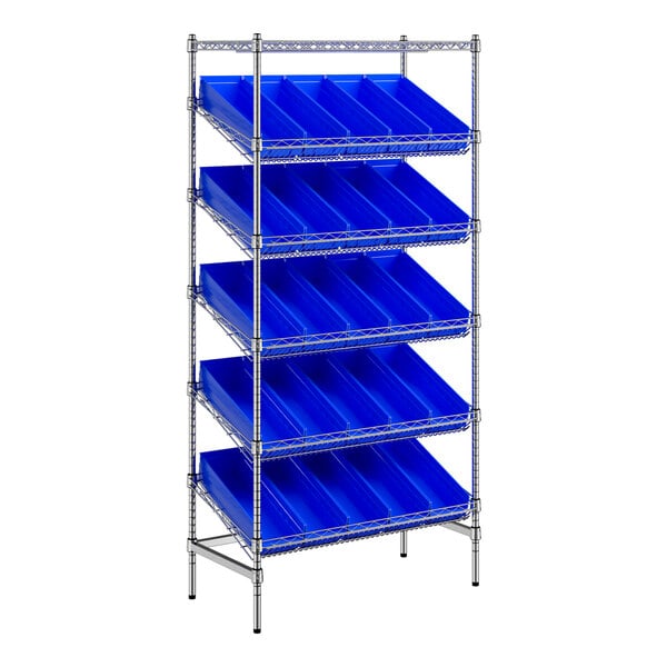 Regency 18" x 36" Stationary Slanted Chrome Shelf Unit with 25 Blue Bins