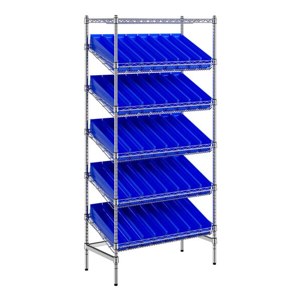 Regency 18" x 36" Stationary Slanted Chrome Shelf Unit with 40 Blue Bins