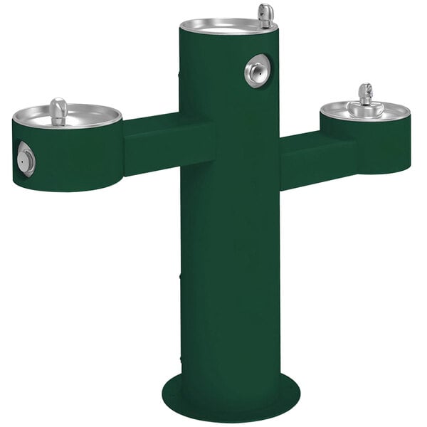 A green Halsey Taylor outdoor drinking fountain with three fountains.