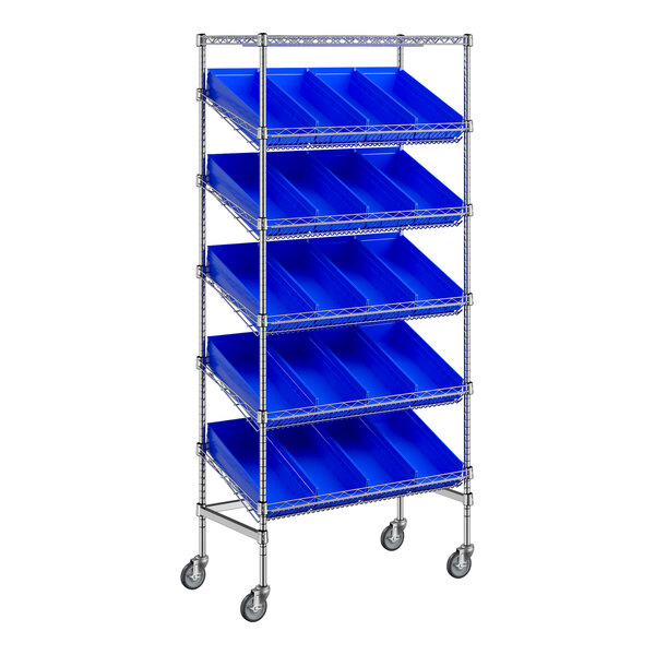 Regency 18" x 36" Mobile Slanted Chrome Shelf Unit with 20 Blue Bins