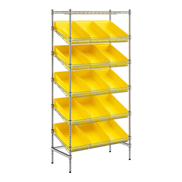 Regency 18" x 36" Stationary Slanted Chrome Shelf Unit with 15 Yellow Bins