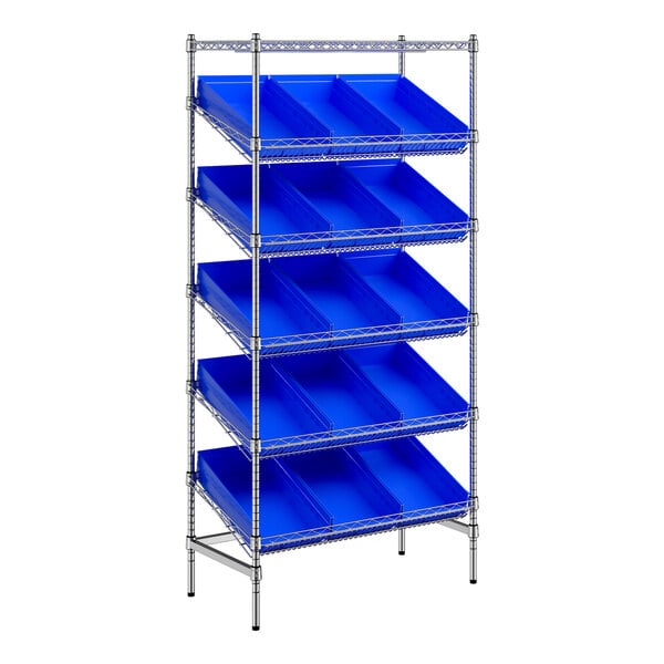 Regency 18" x 36" Stationary Slanted Chrome Shelf Unit with 15 Blue Bins