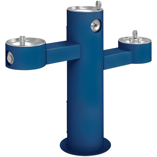 A blue Halsey Taylor outdoor tri-level pedestal drinking fountain with three silver spigots.