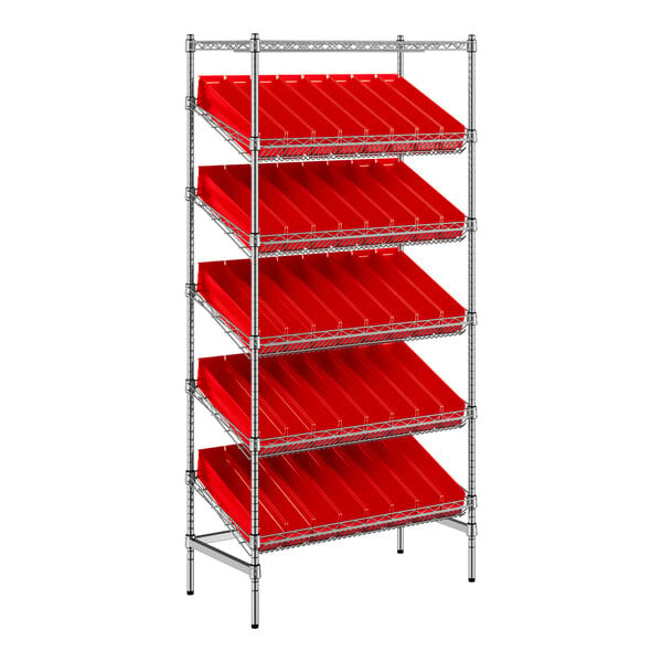Regency 18" x 36" Stationary Slanted Chrome Shelf Unit with 40 Red Bins