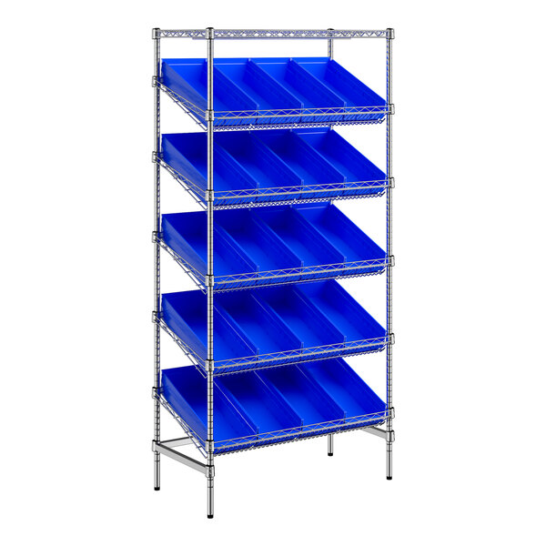 Regency 18" x 36" Stationary Slanted Chrome Shelf Unit with 20 Blue Bins