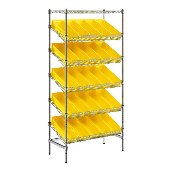 Regency 18" x 36" Stationary Slanted Chrome Shelf Unit with 25 Yellow Bins
