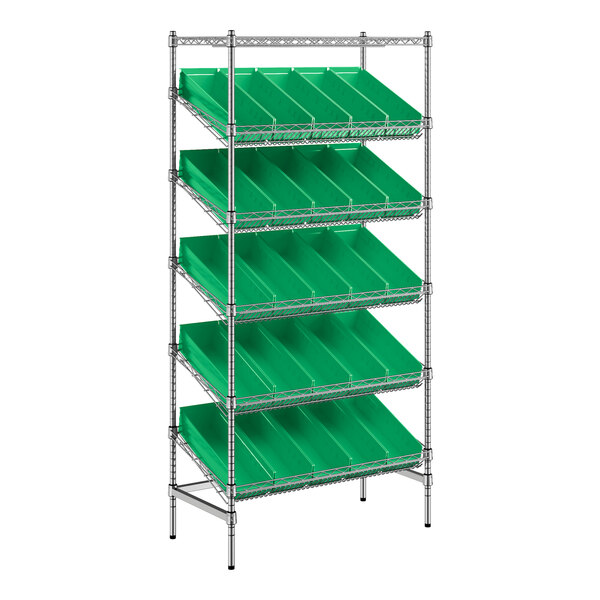Regency 18" x 36" Stationary Slanted Chrome Shelf Unit with 25 Green Bins