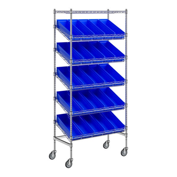 Regency 18" x 36" Mobile Slanted Chrome Shelf Unit with 25 Blue Bins