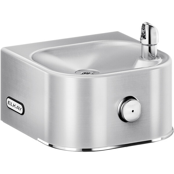 An Elkay stainless steel wall mount water fountain with a faucet.