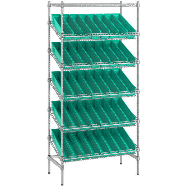 Regency 18" x 36" Stationary Slanted Chrome Shelf Unit with 40 Green Bins