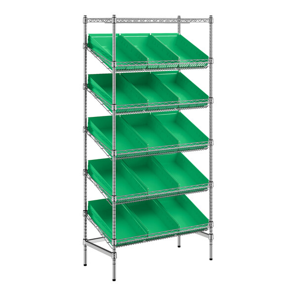 Regency 18" x 36" Stationary Slanted Chrome Shelf Unit with 15 Green Bins