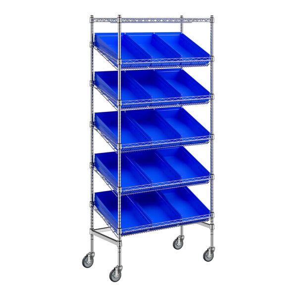 Regency 18" x 36" Mobile Slanted Chrome Shelf Unit with 15 Blue Bins