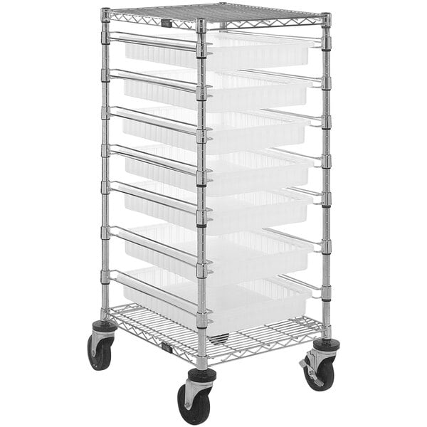 A Quantum metal mobile cart with 7 clear divider bins on it.