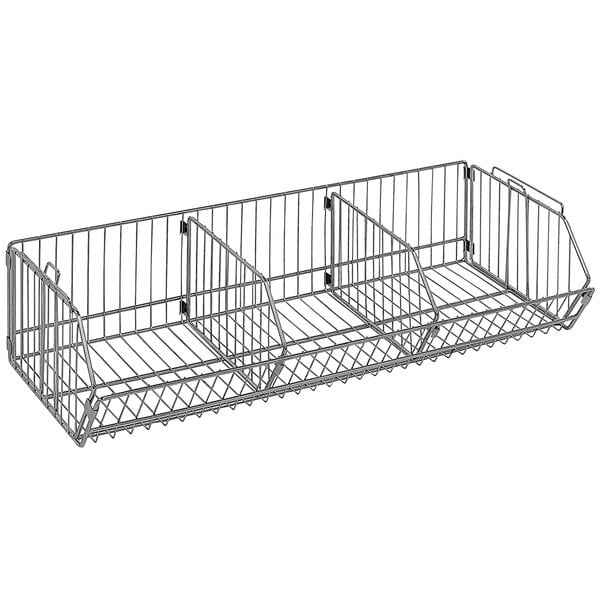 A Quantum chrome wire basket with three compartments.