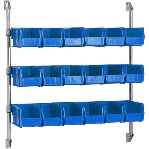 A Quantum wall mount with 18 blue plastic bins.