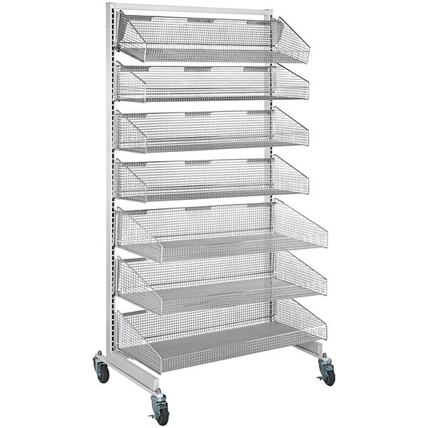 A Quantum chrome metal partition wall system with shelves.