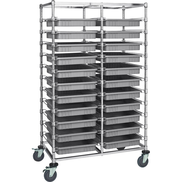 A Quantum double mobile bin cart with gray divider bins on wheels.