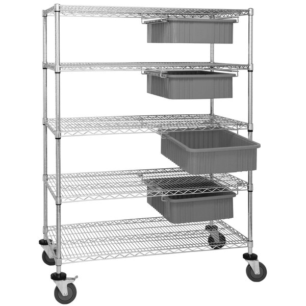 A Quantum metal bin cart with gray divider bins on shelves.