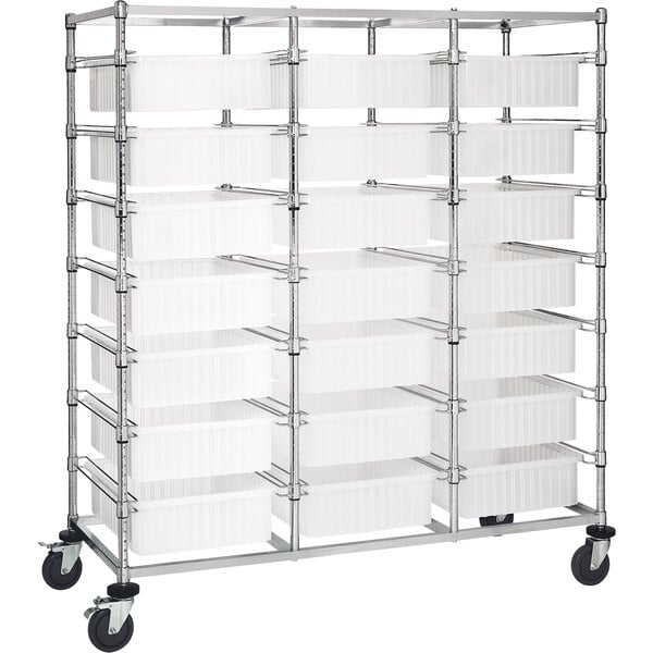 A Quantum metal mobile storage bin cart with clear bins on four shelves.