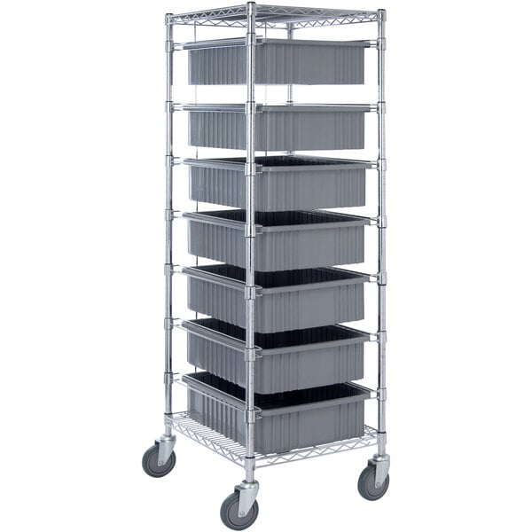 A Quantum grey metal mobile cart with 7 divider bins.