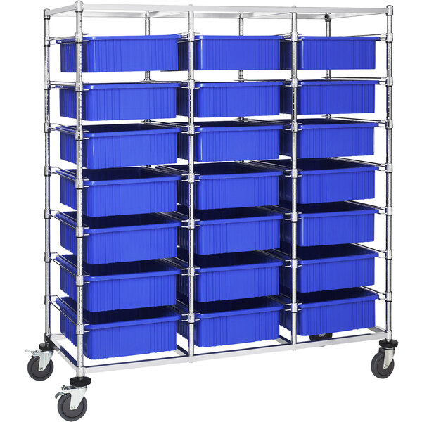 A Quantum metal mobile bin cart with blue bins on shelves.