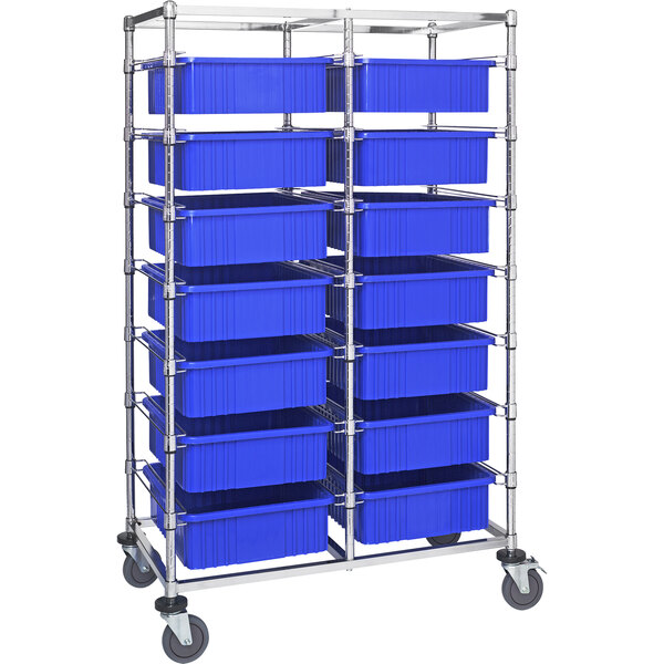 A Quantum metal mobile bin cart with blue divider bins on it.