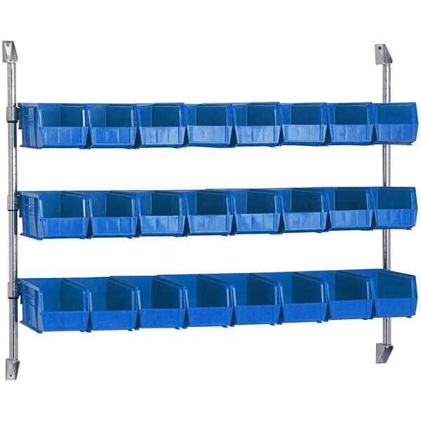 A Quantum wall mount with 24 blue plastic bins.