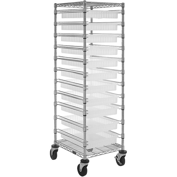 A Quantum metal mobile cart with clear plastic bins on wheels.