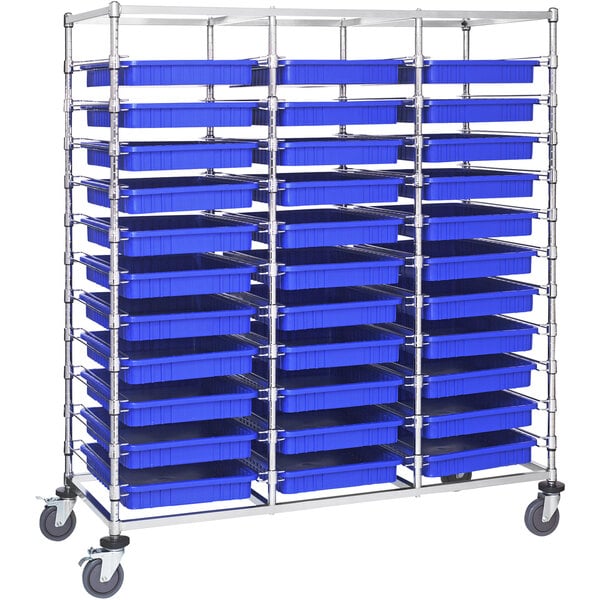 A black metal Quantum mobile bin cart with blue divider bins on the shelves.