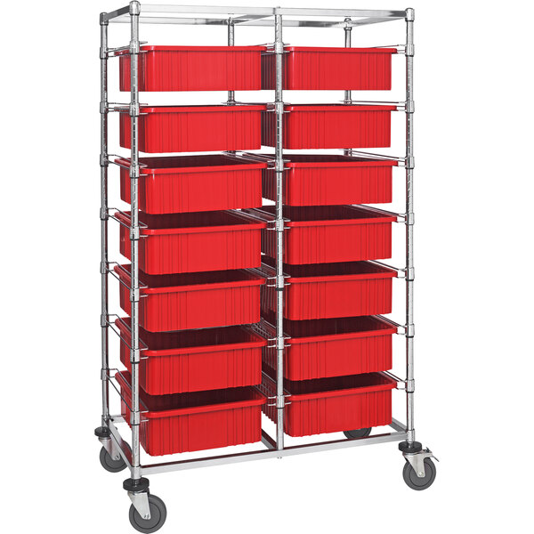 A metal rack with red Quantum storage bins on it.