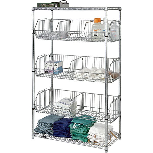 A Quantum metal wire rack with 3 basket shelves.