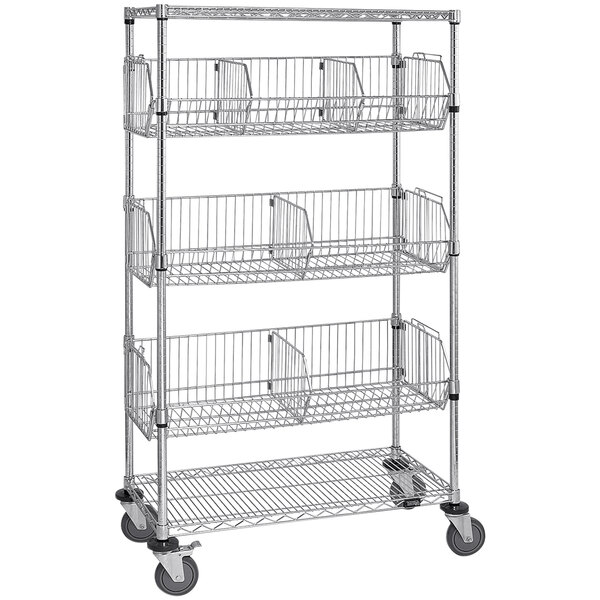 A chrome metal Quantum wire basket cart with three shelves.