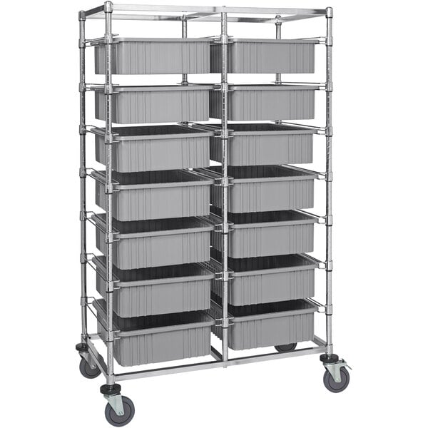 A metal Quantum double bin cart holding many grey bins on wheels.