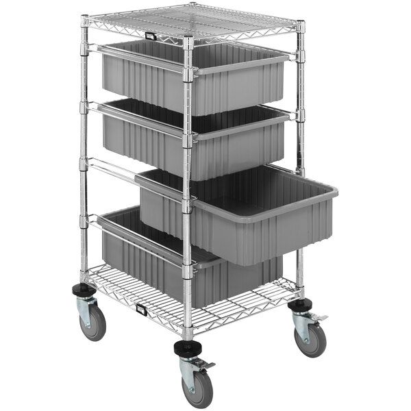 A metal Quantum mobile cart with four gray divider bins.