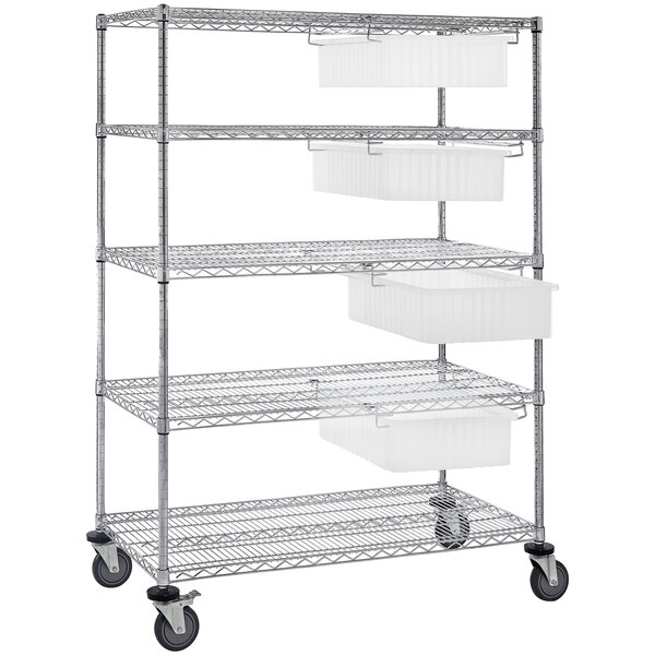 A Quantum metal bin cart system with clear plastic divider bins on a white background.
