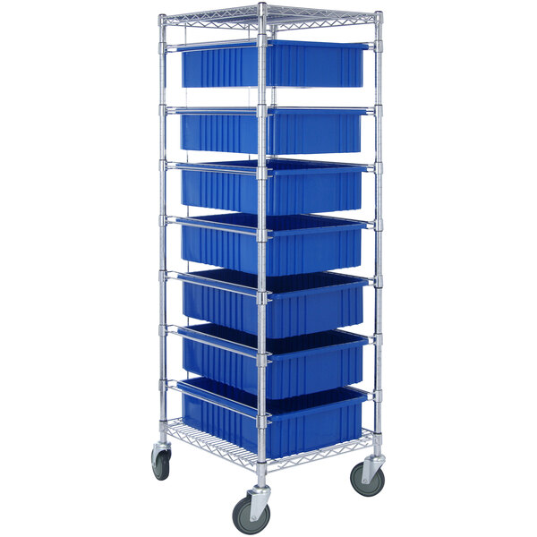 A metal cart with a blue bins on it.