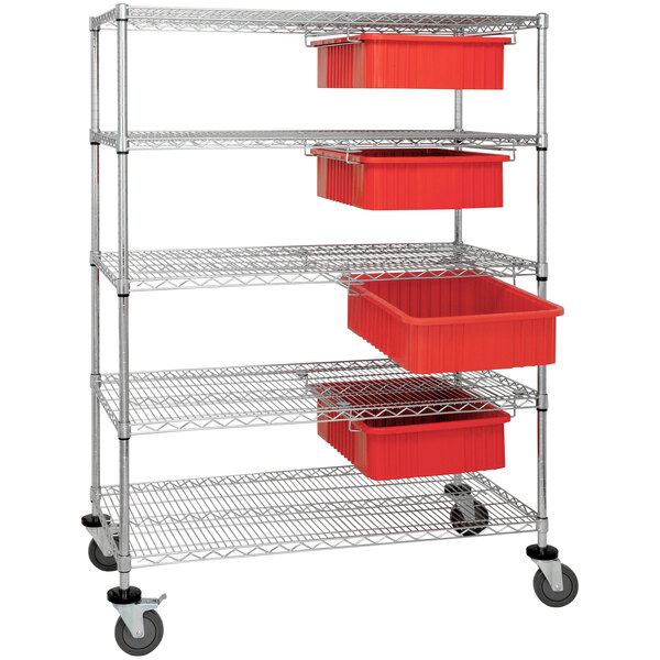 A metal wire bin cart with red divider bins.