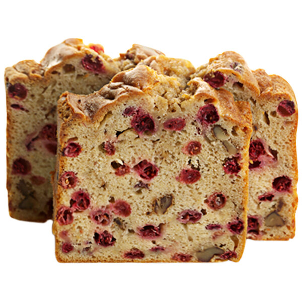 A close up of a loaf of Sweet Sam's cranberry walnut pound cake.